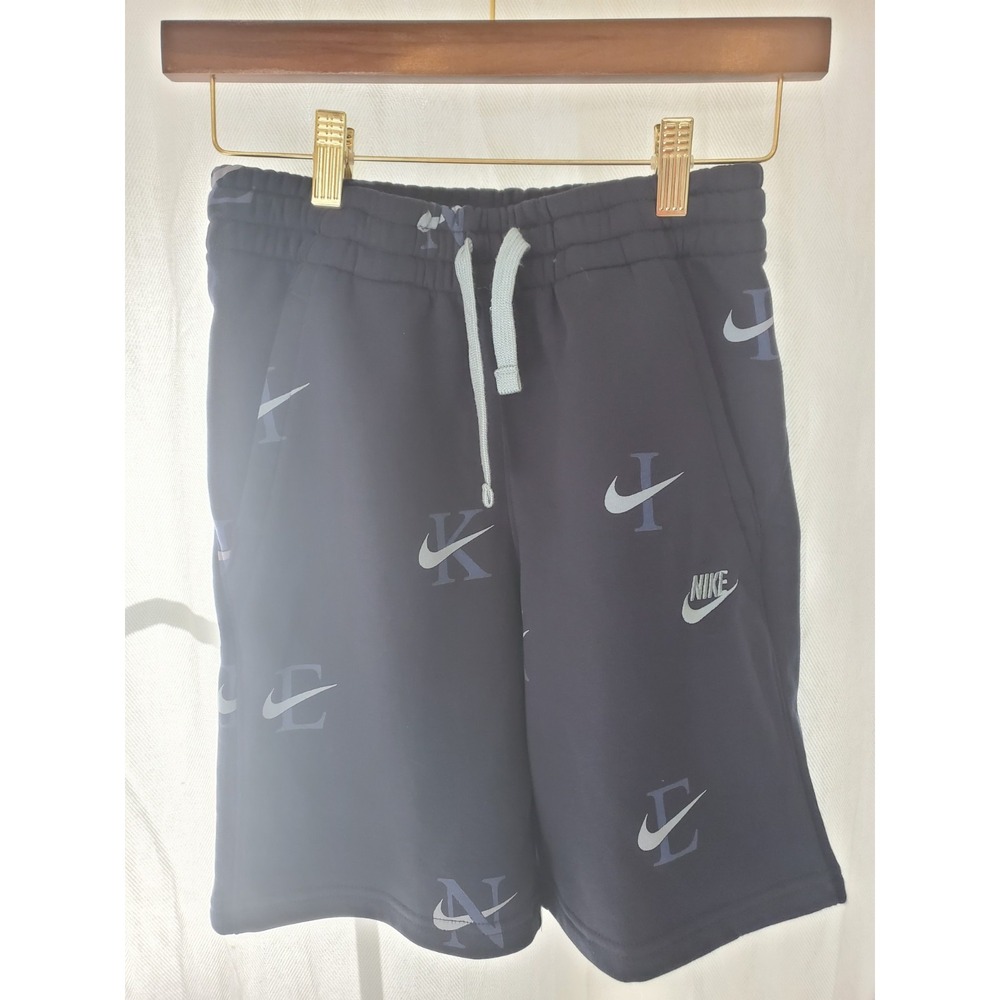 Nike Boys Navy Blue All Over Logo Print Fleece Shorts Size Medium M Drawstring
